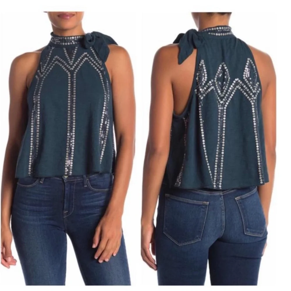 Free People Glitter City Tie‎ Neck Dark Turquoise Sequin Tank Sleeveless Top